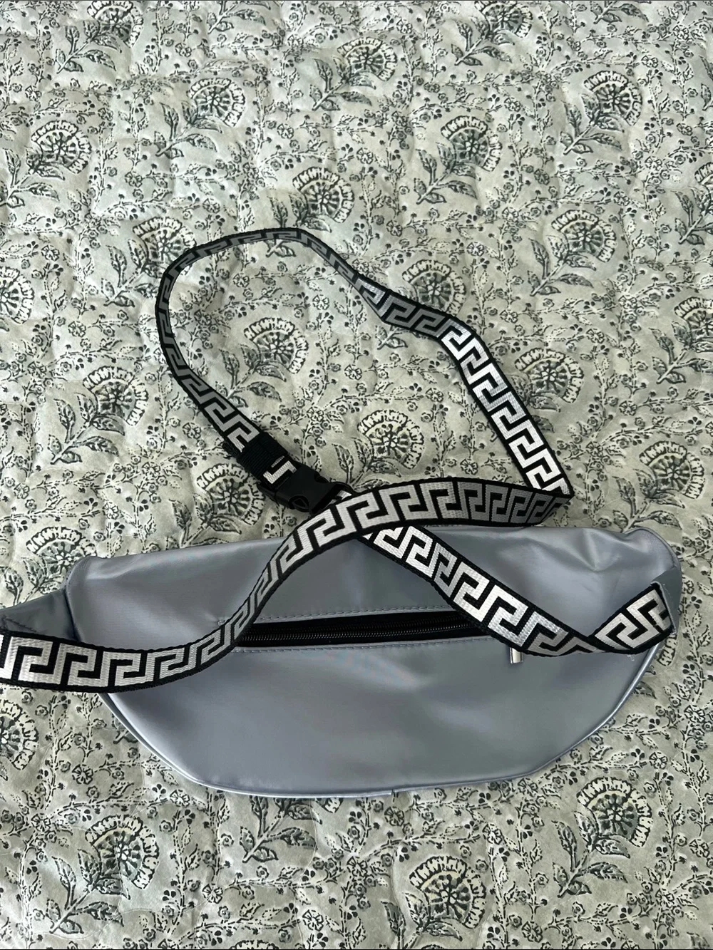 Versace Iridescent Silver Logo Belt Bag with Greek Key Strap